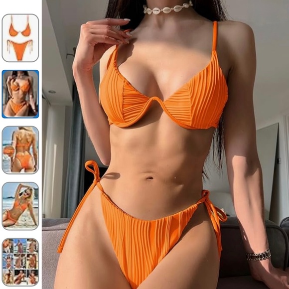 ZAFUL Ribbed Underwire Adjustable Bikini Top and Thong Swimsuit Set Orange M NWT - Picture 1 of 6